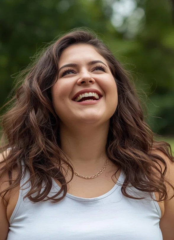 A woman with wavy brown hair wearing a white tank top and chain necklace is smiling and looking upward outdoors, with a blurred green background.