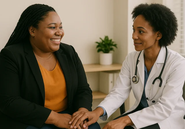 A doctor with a stethoscope holds a patient's hand and smiles while having a supportive conversation in a medical office.