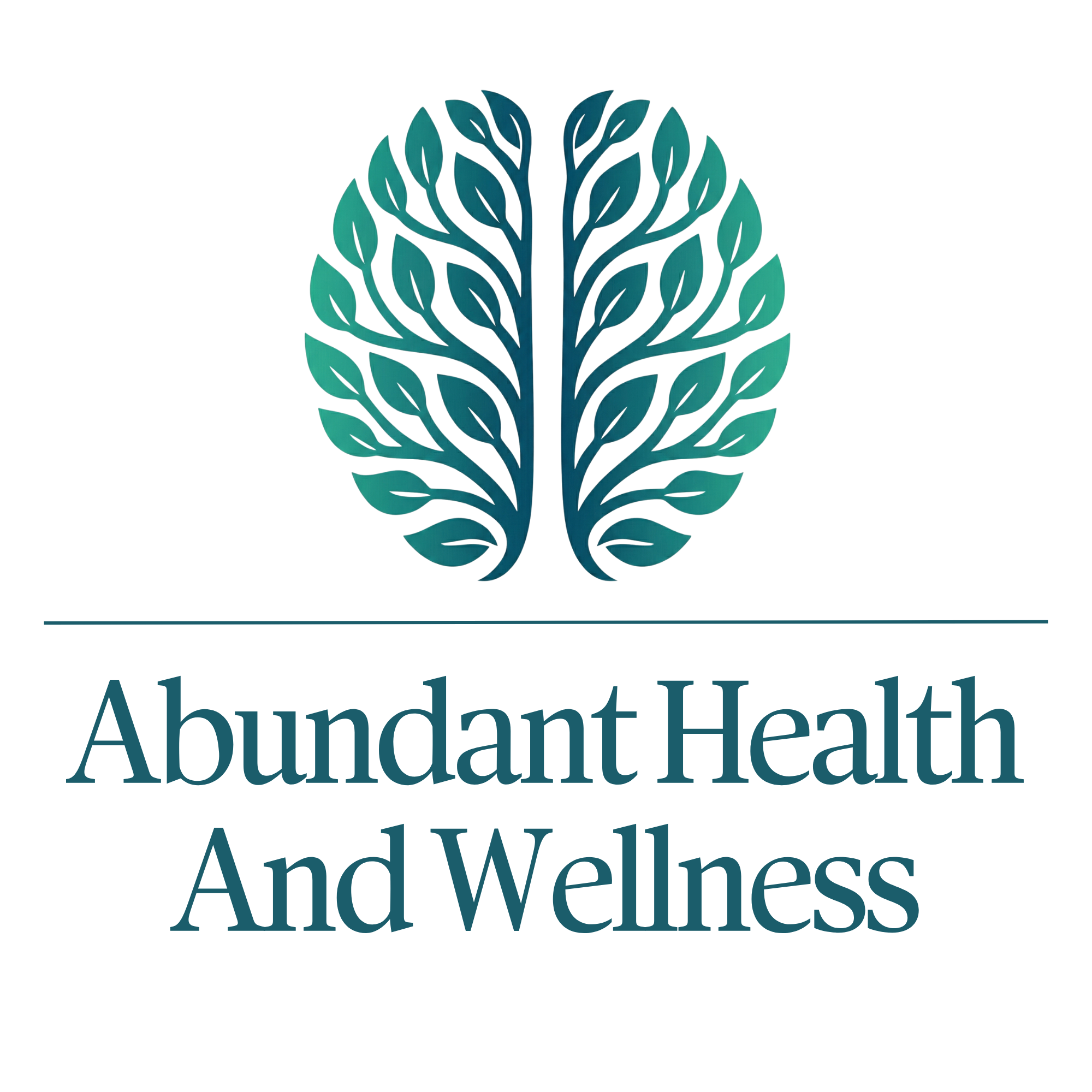 Logo for "Abundant Health And Wellness" featuring a stylized tree with symmetrical leafy branches in shades of green above the business name.