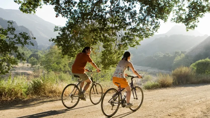 Two people ride bicycles on a dirt path under a large tree, with hills and sunlight in the background.